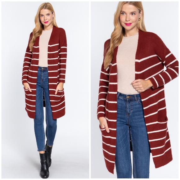 FEW LEFT❗️Cozy Chic Burgundy Striped Long Open Cardigan - Picture 2 of 8